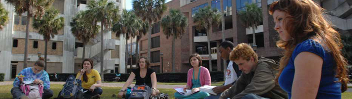Students studying in the palm court.